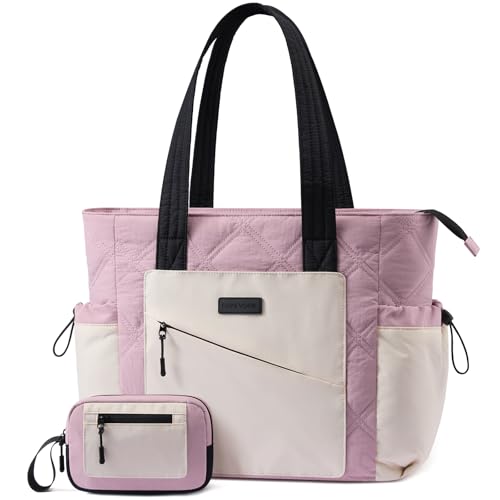 LOVEVOOK Tote Bag for Women, puffer tote bag for Work Travel Nurse, Lightweight quilted Bags with Compartments - color: M-15.6 Inch-crepe Pink-white-black