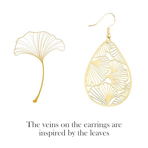 Teardrop Earrings for Women, 14K Plated Dangle Earrings Handmade Filigree Teardrop Dangling Earrings Ginkgo Hypoallergenic 925 Sterling Leaf Earrings for women - color: Maple Leaf Gold