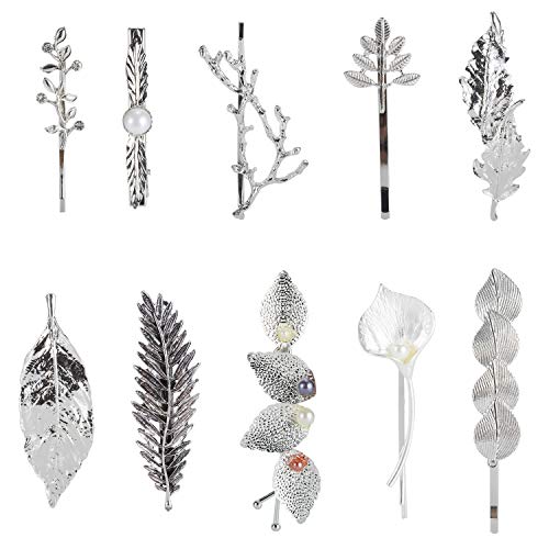 Lawie 10 Pack Silver Vintage Retro Geometric Minimalist Branch Leaf Flower Metal Hair Clip Hairpin Snap Barrette Stick Claw Grip Clamp Bobby Pins Alligator Hairclips Party Hair Accessories for Women