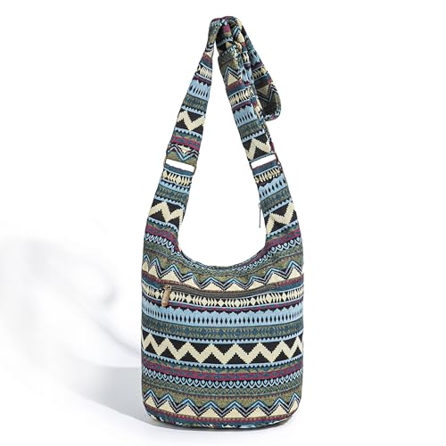 Coton Pose Women Hippie Crossbody Bag - Top Zip Large Capacity Canvas Sling Bag - Jacquard Cloth Handmade - color: Boho Green