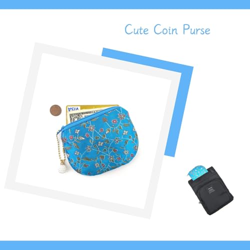 Handmade Women Coin Purse Rosary Pouch Silk Jewelry Bag Brocade Zipper Wallet - SkyBlue - color: SkyBlue