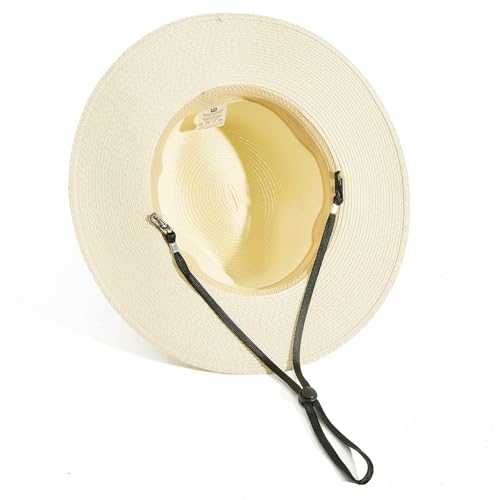 Lanzom Women Wide Brim Straw Panama Roll up Hat Fedora Beach Sun Hat UPF50+ - color: Beige Without Band, size: Large-X-Large