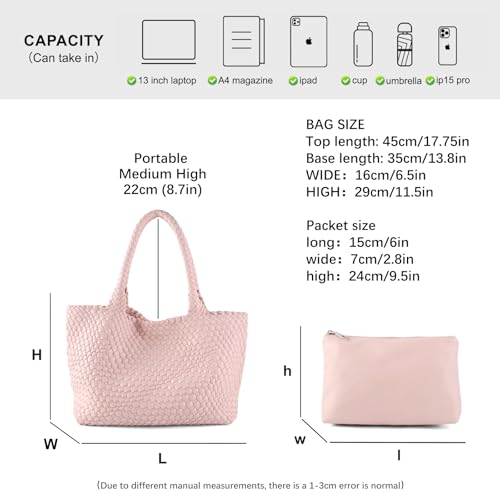 Handmade Woven Bag Satchel Handbag For Women Vegan Leather Tote Bag With Purses Travel Shoulder Bag Underarm Bag - color: Pink