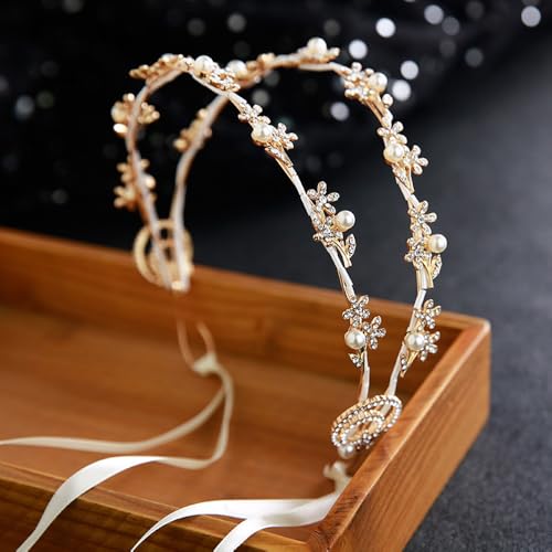 Boho Floral Crown for Women– Adjustable Faux Silk Flower Headband, Handmade Wedding Hair Accessory for Festivals & Photoshoots, Flower Hair Crown for Women (Gold Flower Pearl, Adjustable) - color: Gold Flower Pearl