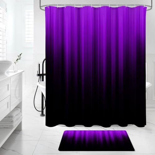 Litabel 4 Pcs Purple and Black Gradient Shower Curtain Set with Rugs and Toilet Lid Cover, Modern Simple Waterproof Fabric Bathroom Set, Ombre Stripe Gothic Abstract Bathroom Decor Set Accessories - color: Purple