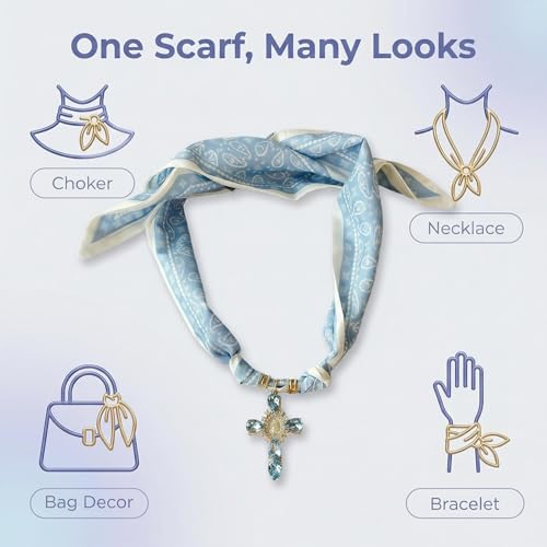 Scarf Necklace for Women Choker Necklace Cross Pendant Trendy Vintage Handmade Charm Jewelry Gift Leopard Silk Bandana Western Bohemian - color: Blue
