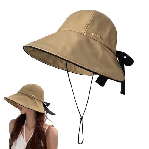 Wide Brim Hats for Woman Foldable Hats Sun Hats for Women uv Protection Bowknot Bucket hat Adjustable hat with Ponytail Hole - color: Khaki
