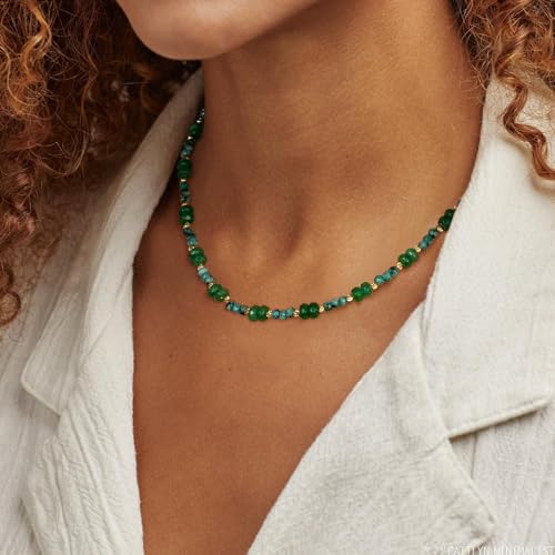 KissYan Beaded Choker Necklace for Women, Colorful Natural Gemstones Pearl Choker 14K Gold Plated Pendant Healing Crystal Necklace Handmade Stone Jewelry Gift - color: R-Green Agate