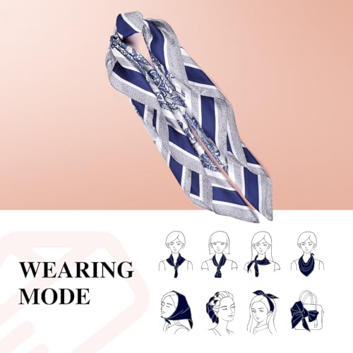 27.5 Inches Silk Head Scarf for Women Satin Hair Scarf Silk Wrap Neck Square Scarves Feeling Scarf Boho Headwear - color: Navy Blue- Small Cashews