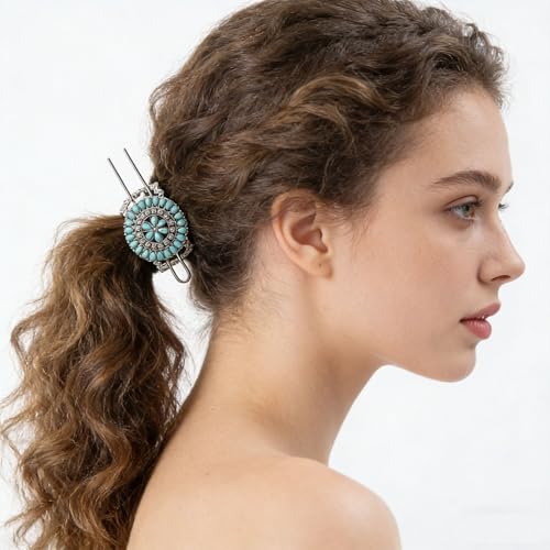 1 Pack Turquoise Flower Hair Clip Metal Hair Sticks Hair Barrettes Green Blue Stone Hairpin for Women Accessories (Blue) - color: Blue