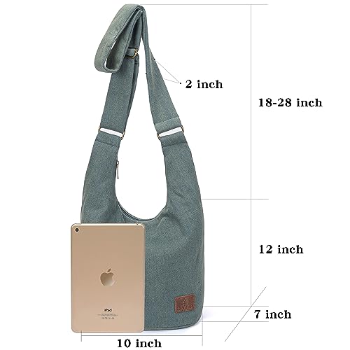 Coton Pose Women Hippie Crossbody Bag - Top Zip Large Capacity Canvas Sling Bag - Jacquard Cloth Handmade - color: Denim Green