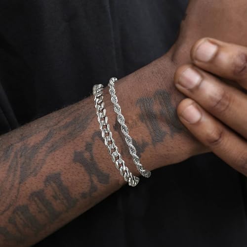2Pcs Stainless Steel Bracelets for Men 14K Gold Plated Cuban Link Figaro Rope Silver Chain Bracelet Set Curb Width Sturdy Bracelet 7.5/8.3/9 Inches Jewelry Gifts for Dad Husband - color: D:Silver-Rope+Cuban Link, size: Display Length: 9.0 Inches