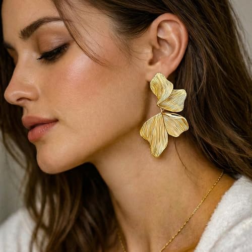 Gold Statement Earrings For Women 18K Gold Plated Sectored Flower Leaf Shell Angel Wing Earring Large Stud Earrings Hypoallergenic Stud - color: Large flower earrings