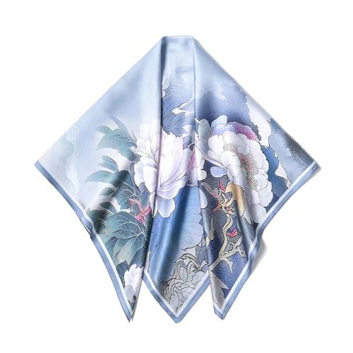 SHIROUYU 100% Pure Mulberry Silk Scarf 35" Large Square Lightweight Headscarf –Women’s Hair Wraps The shawl-With Gift Packed - color: Blue-peony