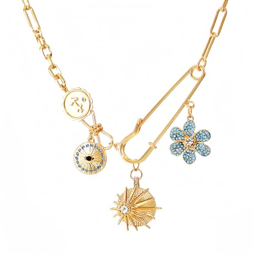 ORIGENCE Sun Heart Necklace for Women 18K Gold Plated Heart Pendant Necklace Chunky Chain Choker Necklaces Hip Hop Charm Necklaces Trendy Unisex Jewelry - style: 4Charm-Gold