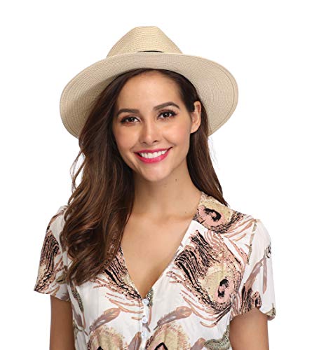 Lanzom Women Wide Brim Straw Panama Roll up Hat Fedora Beach Sun Hat UPF50+ - color: 02-fold Belt Beige, size: One Size-Small