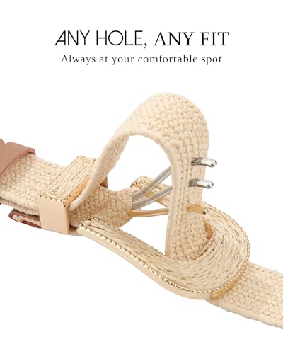 AWAYTR Womens Boho Woven Belt - Easy Care Plastic Elastic Belt with Handmade Raffia Buckle for Daily Vacation Work - color: Beige, size: Fit Waist 26''-31''