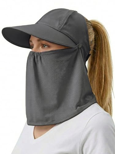 Outdoor Wide Brim Sun Hat Visor for Women, Detachable Face & Neck Cover, Hiking Gardening UPF 50+, Ponytail Friendly - color: Dark Grey