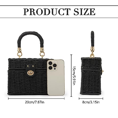 Fecialy Women Handwoven Rattan Handbag Beach Straw Tote Bag Square Boho Crossbody Bag - color: Black