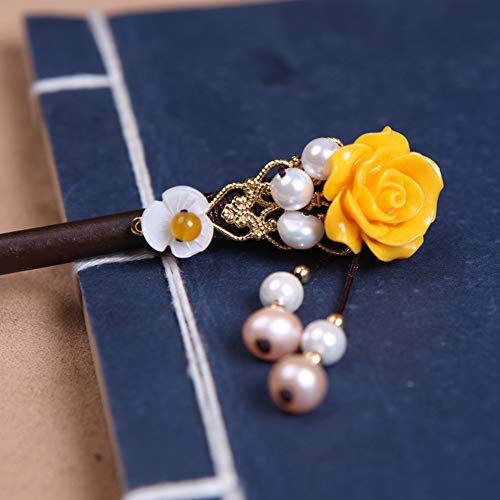 Wooden Hair Pins 7" Chinese Yellow Flower Hair Sticks For Long Hair 1 Pack Buns Accessories for Girl - color: A