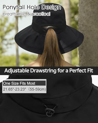 Senker Fashion Sun Hats for Women UV Protection, Waterproof Ponytail Wide Brim Bucket Hat for Summer Beach Gardening Travel - color: Black