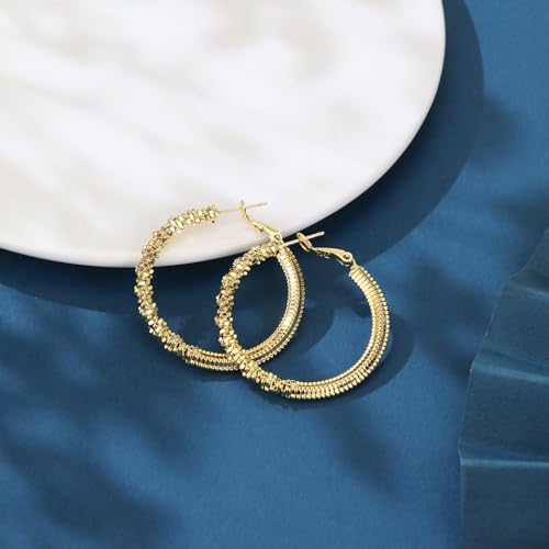 14K Gold Texture Earrings, 37/42mm Gold Hoop Earrings Classic Round Hoop Earring for Women Gold Jewelry Gift for Women - style: Texture Earring-39mm