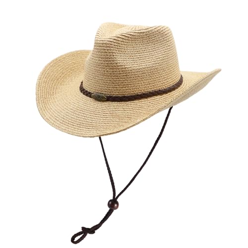 Straw Cowgirl Hat for Women Cowboy Hats for Men Wide Brim Sun Hat Shapeable Western Hat Beach Hat - color: Beige-khaki Blend