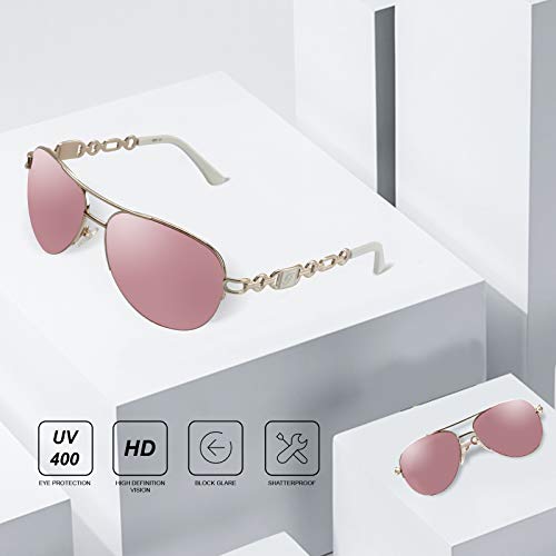 FONHCOO Aviator Sunglasses for Women Men Metal Frame UV400 Mirrored Sunglasses - color: Pink&white