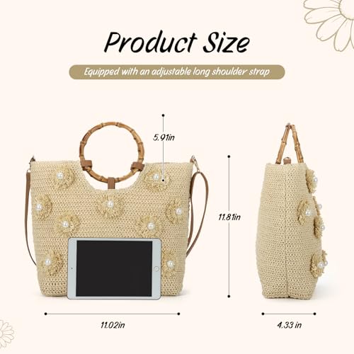 Beach Bags for Women, Summer Beach Woven Bag, Flower Pearls Straw Tote Bag for Summer Vacation - color: Beige