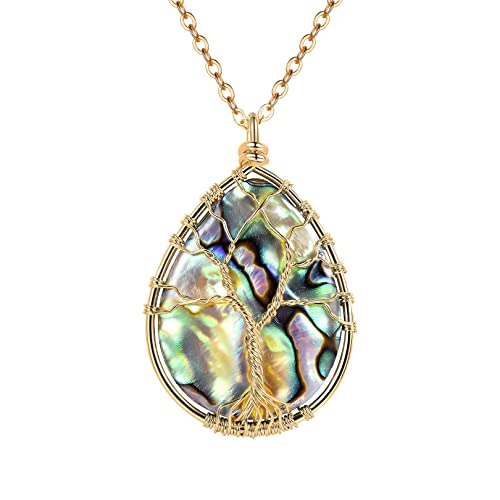 FOCALOOK Stainless Steel Wire Wrapped Tree of Life Abalone Necklaces Handmade Costume Jewelry Long Necklaces for Women (Send Gift Box) - style: 02.Tear Drop Shaped-Gold
