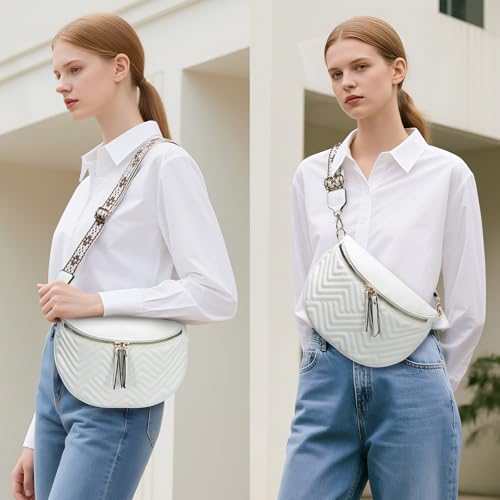 Women's Vegan Leather Crossbody Waist Pack, Fanny Pack Sling Bag with Adjustable Belt, Boho Style Shoulder Purse for Travel, Daily Use (White) - color: C-White