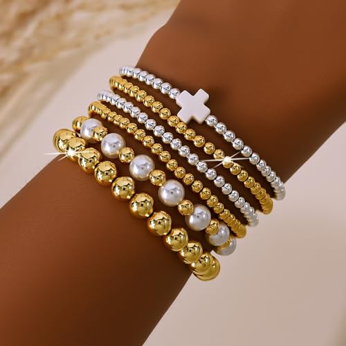 14K Gold Plated Pearl Beaded Cross Bracelets Stack Set for Women,Stretch Boho Colorful Christian Beads Ball Jewelry Friendship Summer Trendy Gift - color: Sliver and Gold