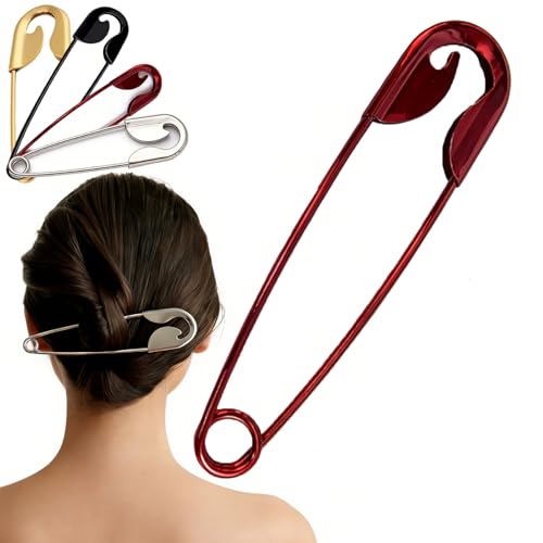 Mega Safety Hairpin - Mega Safety Pin Hairpin, Oversized Metal Hair Pin for Bun & Updo, Stylish Hair Stick Bun Holder - color: Red