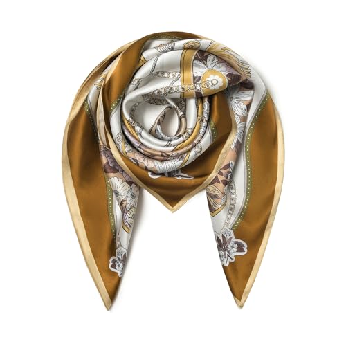 SHIROUYU 100% Pure Mulberry Silk Scarf 35" Large Square Lightweight Headscarf –Women’s Hair Wraps The shawl-With Gift Packed - color: Brown-15