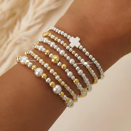 14K Gold Plated Pearl Beaded Cross Bracelets Stack Set for Women,Stretch Boho Colorful Christian Beads Ball Jewelry Friendship Summer Trendy Gift - color: Silver Cross