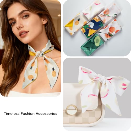 ZXZH 6 Pack Fashion Scarves for Women, Versatile Boho Head Scarf, Satin Scarf for Hair, Neck, Wrist, and Purse Accessories - color: Mixed Fruit Pattern
