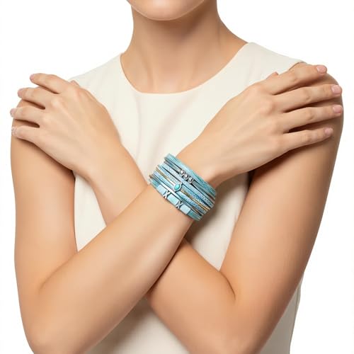 Edoneery Leather Wrap Bracelet for Women, Boho Handmade Multi-Layer Cuff with Crystal Beads Heart, Stackable Bangle Western Jewelry Gift - style: Turquoise(Blue)