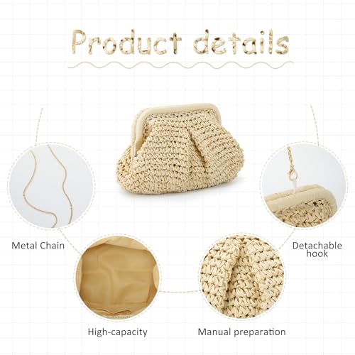 Emprier Straw Clutch Purses for Women Cloud Dumpling Pouch Straw Crossbody Shoulder Handbag Summer Beach Woven Bag - color: Beige