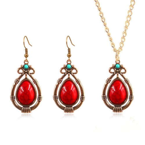 Handmade Teardrop Turquoise Earrings Necklace Set for Women Bohemia Tribal Antique Ethnic Style Earring Delicate Teardrop Gemstone Dangle Drop Statement Earrings Western Jewelry - color: Red
