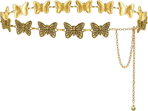 Women's Western Chain Belt Boho Waist Chain Chunky Metal Belts for Dresses - color: Butterfly Gold, size: Fits Waist 35"-41"