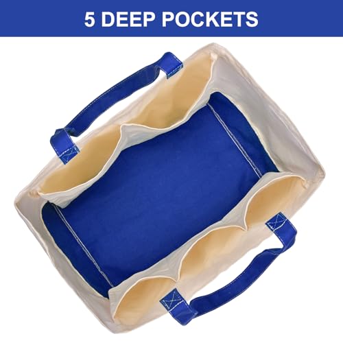 3 Pack Canvas Reusable Grocery Bags Heavy Duty, 8.3 gal Foldable Large Tote Bag with Handles, Holds 60 lbs Canvas Shopping Bags & Washable Eco-friendly Bags with 5 Pockets, Blue+Off White - color: [A1] Off White / Blue, size: 3 Pack