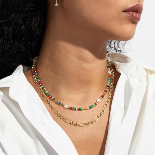 KissYan Beaded Choker Necklace for Women, Colorful Natural Gemstones Pearl Choker 14K Gold Plated Pendant Healing Crystal Necklace Handmade Stone Jewelry Gift - color: P-Rainbow