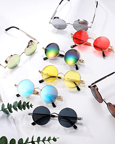 Coume 8 Pcs Retro Round Steampunk Sunglasses Gothic Sunglasses Hippy Glasses Circle Metal Frame Glasses for Men Women - color: Vibrant Colors