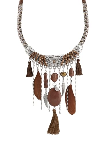 MINACHI Bohemian Feather Tassel Necklace, Irregular Stone Beads, Retro Exotic Pattern, Women's Jewelry - style: Necklace SL13-013