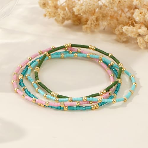 Dainty Gold Colorful Beaded Bracelets Stack for Women,4PCS Cute Bohemian Colorful Small Beads Stackable Stretch Bracelet Set Trendy Holiday Party Accessories Jewelry Gift Friendship - color: Green Cyan