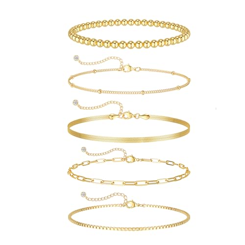 DEARMAY 14K Gold Plated Bracelets for Women, Jewelry Sets Cute Tennis Beaded Bracelets Cuban Link Paperclip Chain Dainty Bracelet Pack Gifts - color: BRACELET-L