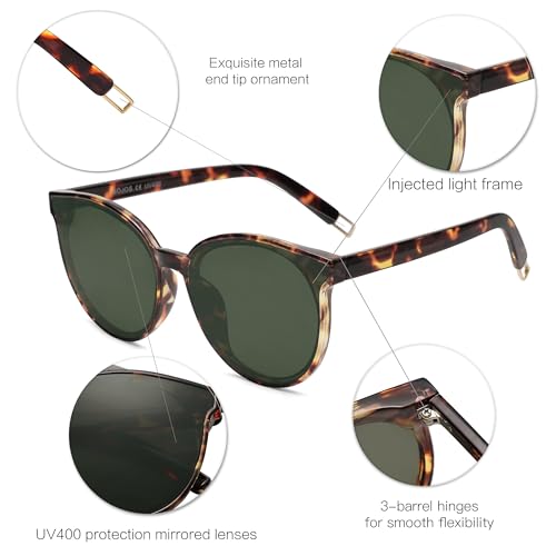 SOJOS Fashion Round Sunglasses for Women Men Oversized Vintage Shades SJ2057 - color: Tortoise/Green
