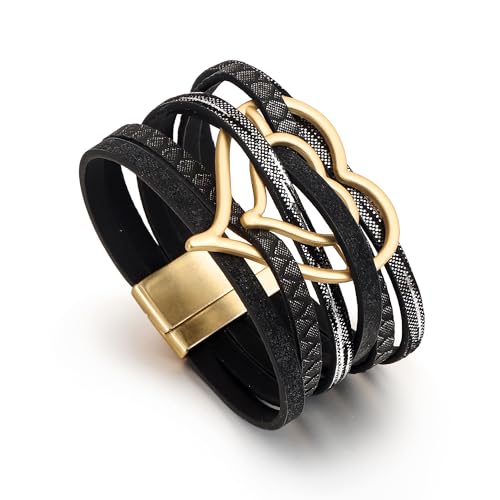 Edoneery Leather Wrap Bracelet for Women, Boho Handmade Multi-Layer Cuff with Crystal Beads Heart, Stackable Bangle Western Jewelry Gift - style: Heart(Black)