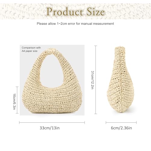 Fecialy Straw Bag for Women Crescent Shoulder Handbag Straw Summer Beach Tote Handbag Raffia Woven Hobo Bag - color: Beige