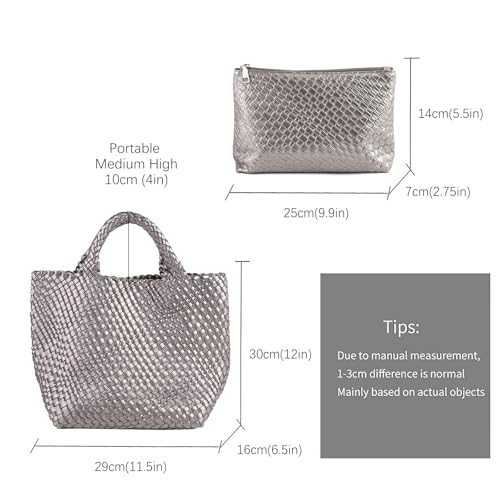 Handmade Woven Bag Satchel Handbag For Women Vegan Leather Tote Bag With Purses Travel Shoulder Bag Underarm Bag - color: Silver Grey-a